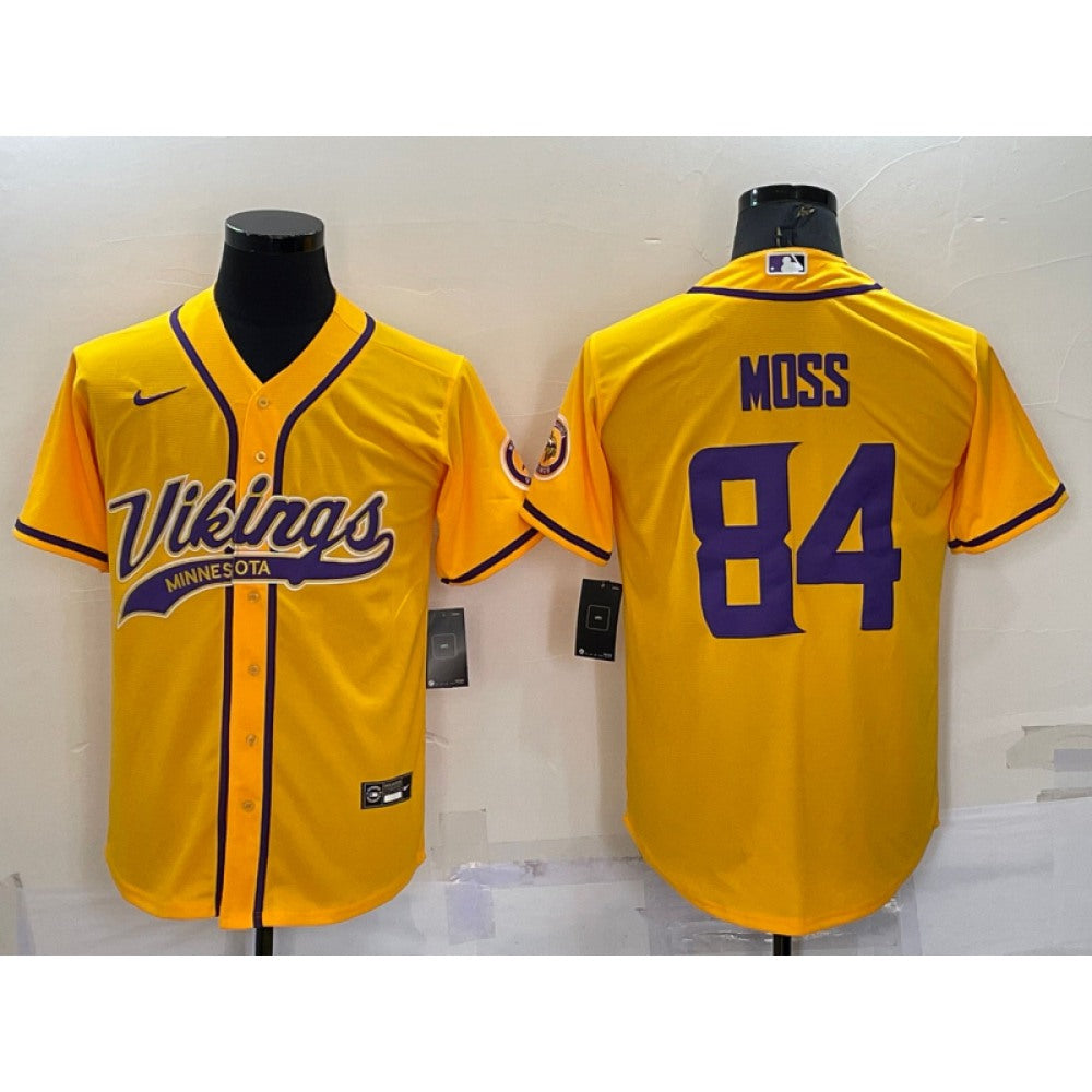 Men's Minnesota Vikings #84 Randy Moss Gold With Patch Cool Base Stitched Baseball Jersey 