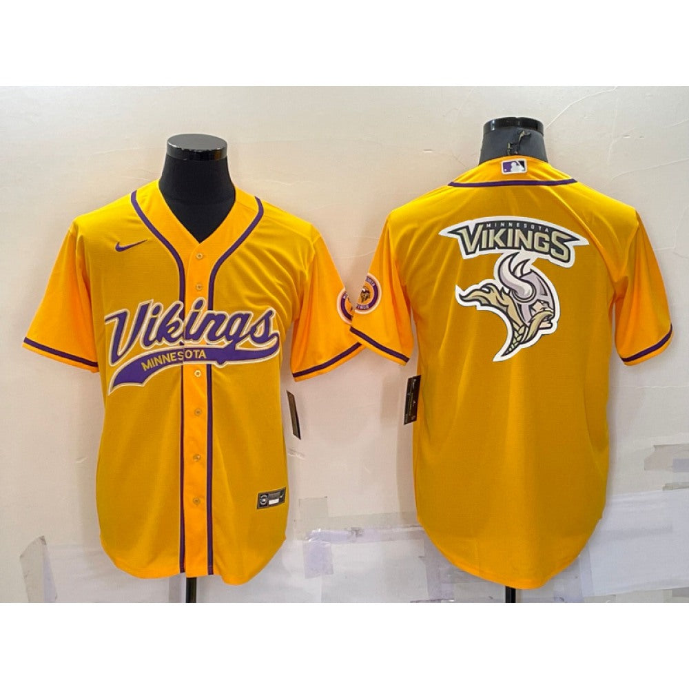 Men's Minnesota Vikings Gold Team Big Logo With Patch Cool Base Stitched Baseball Jersey 