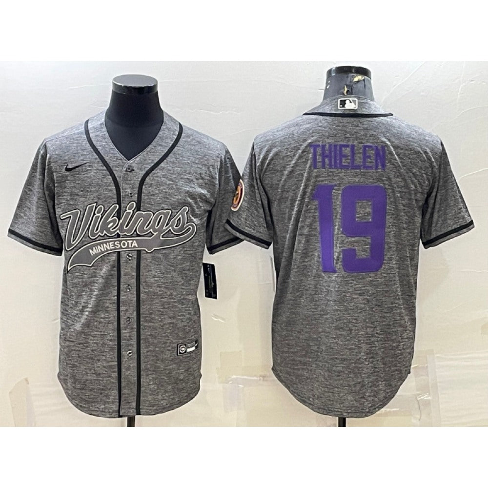 Men's Minnesota Vikings #19 Adam Thielen Grey With Patch Cool Base Stitched Baseball Jersey 
