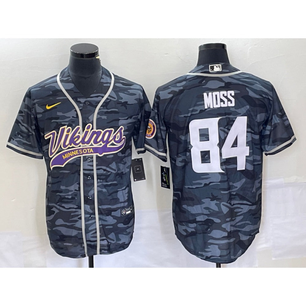 Men's Minnesota Vikings #84 Randy Moss Grey Camo Cool Base Stitched Baseball Jersey 
