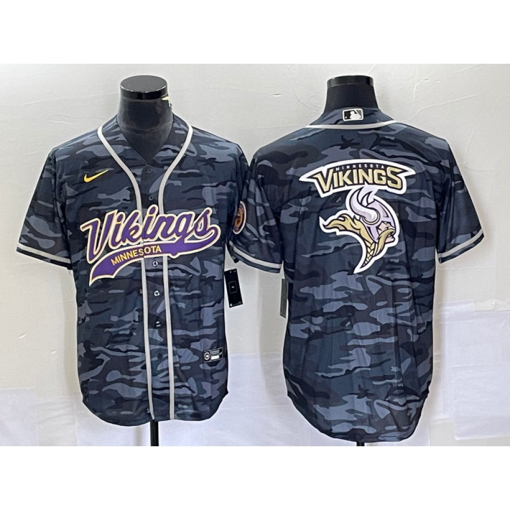 Men's Minnesota Vikings Grey Camo Team Big Logo Cool Base Stitched Baseball Jersey 