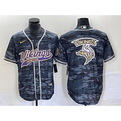 Men's Minnesota Vikings Grey Camo Team Big Logo Cool Base Stitched Baseball Jersey 