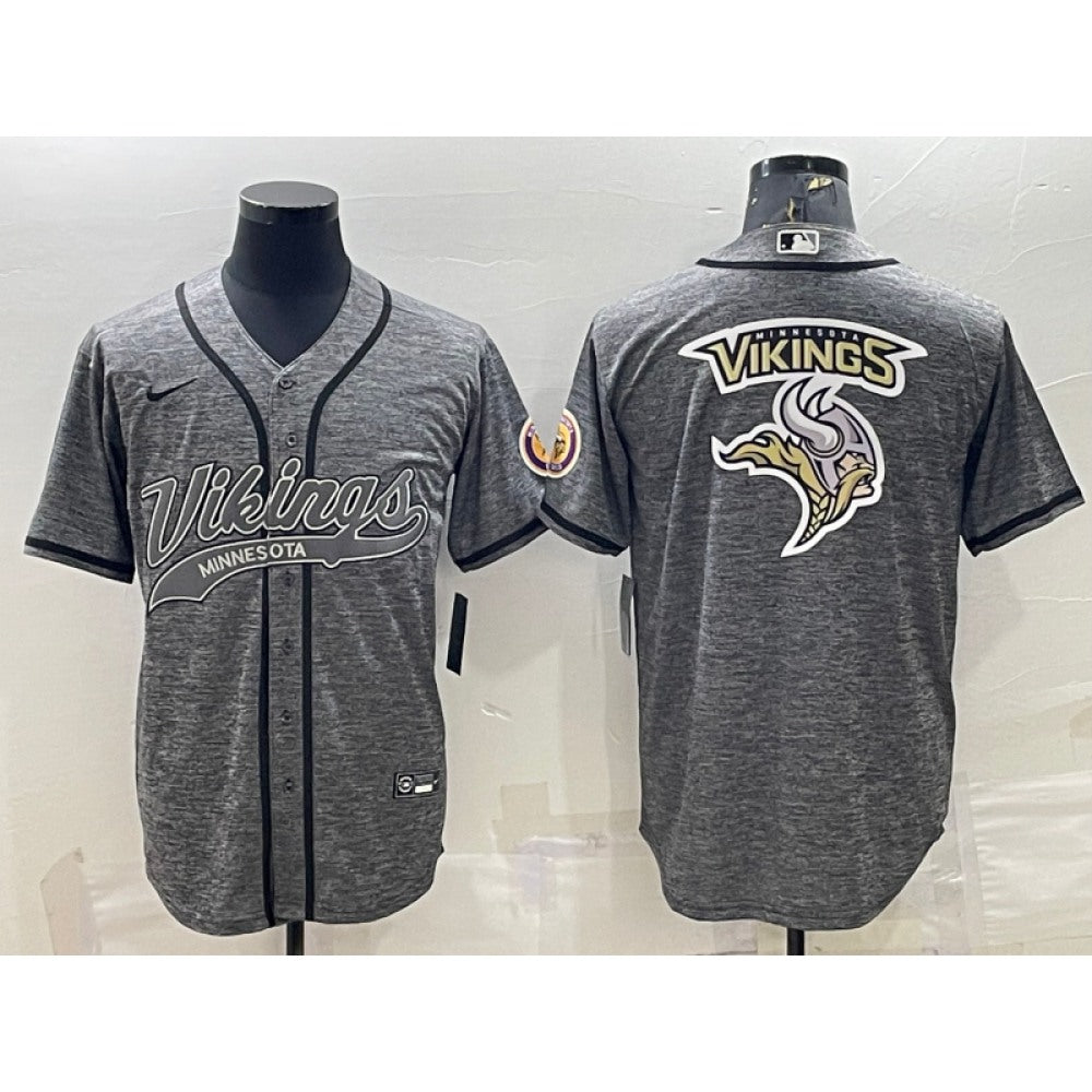 Men's Minnesota Vikings Grey Team Big Logo With Patch Cool Base Stitched Baseball Jersey 