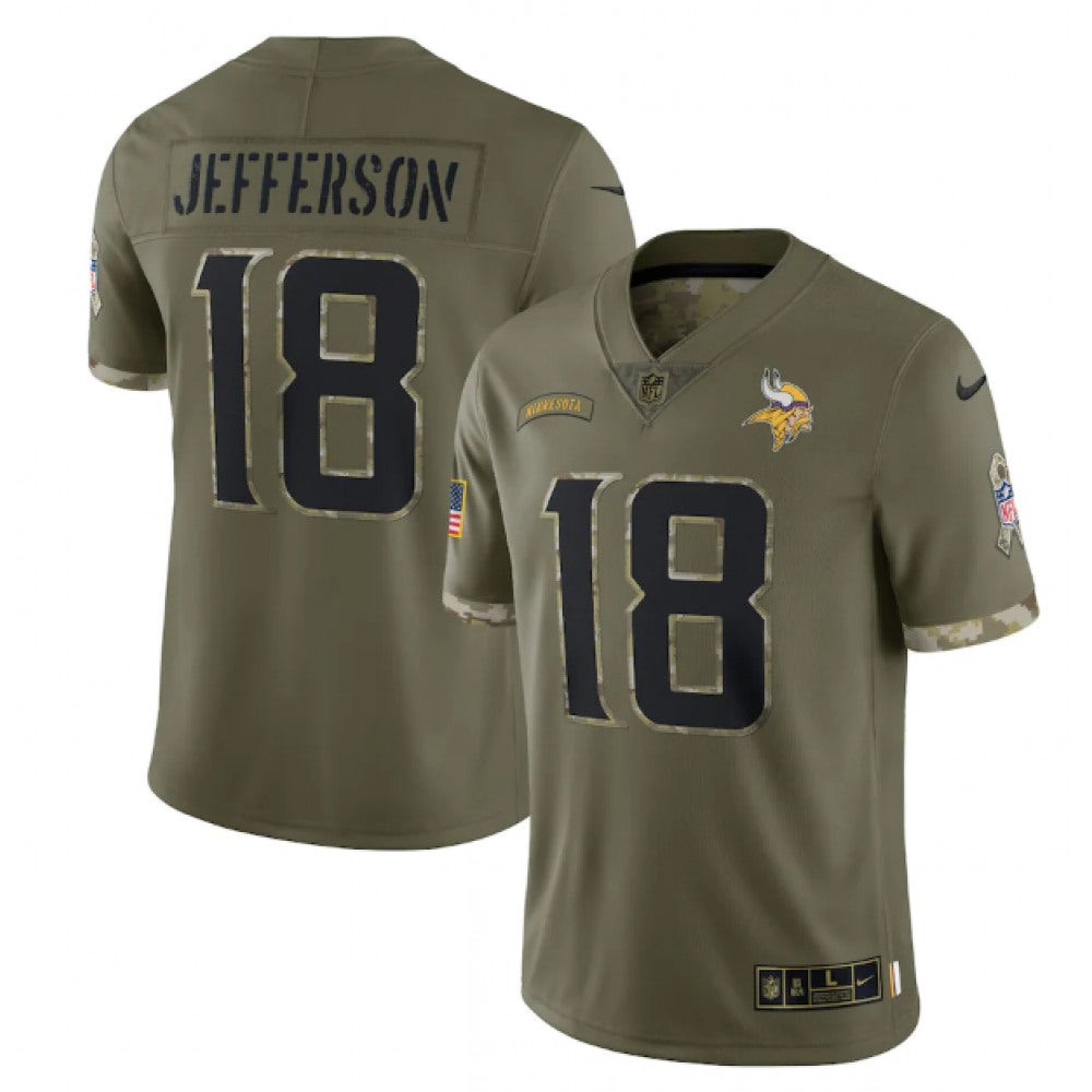 Men's Minnesota Vikings #18 Justin Jefferson Olive 2022 Salute To Service Limited Stitched Jersey 