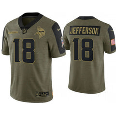 Men's Minnesota Vikings #18 Justin Jefferson 2021 Olive Salute To Service Limited Stitched Jersey 