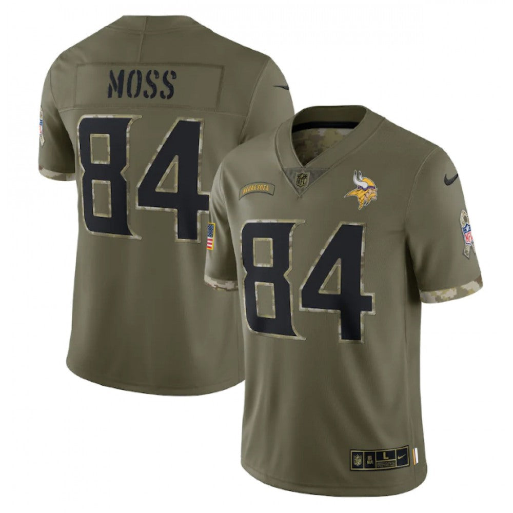 Men's Minnesota Vikings #84 Randy Moss Olive 2022 Salute To Service Limited Stitched Jersey 