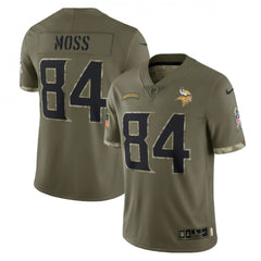 Men's Minnesota Vikings #84 Randy Moss Olive 2022 Salute To Service Limited Stitched Jersey 