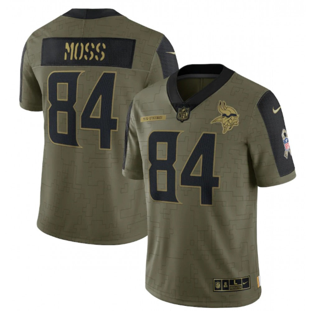 Men's Minnesota Vikings #84 Randy Moss 2021 Olive Salute To Service Limited Stitched Jersey 