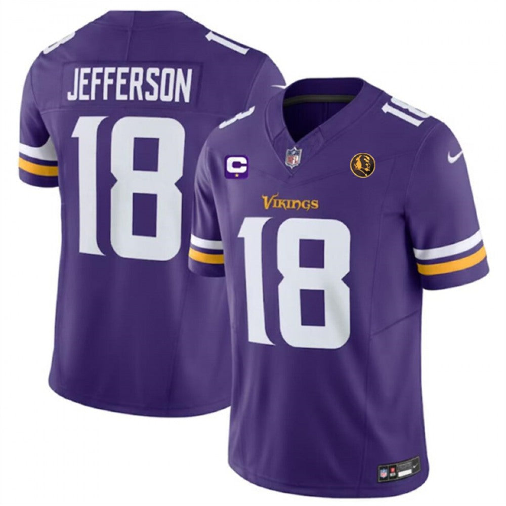 Men's Minnesota Vikings #18 Justin Jefferson Purple 2023 F.U.S.E. With 1-star C Patch And John Madden Patch Vapor Limited Stitched Football Jersey 