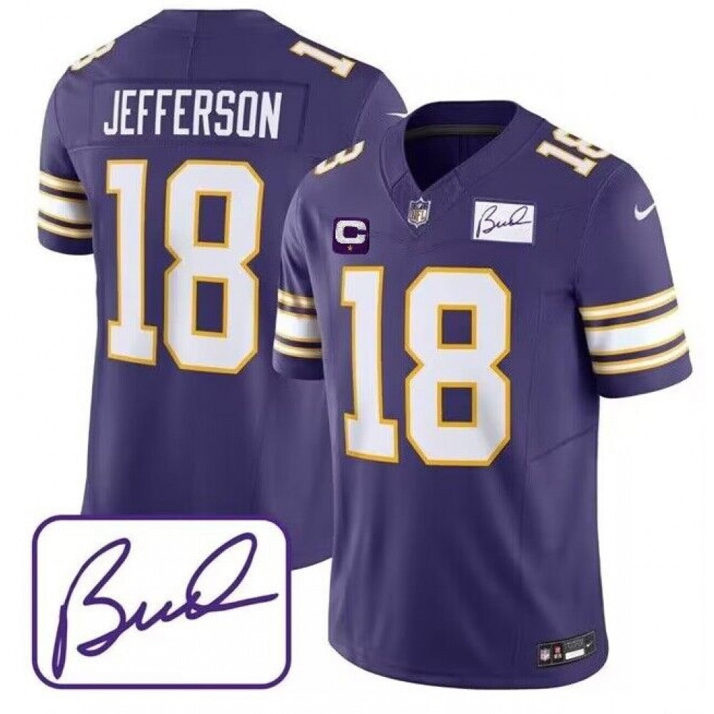 Men's Minnesota Vikings #18 Justin Jefferson Purple 2023 F.U.S.E. Bud Grant patch With C Patch Limited Stitched Jersey 