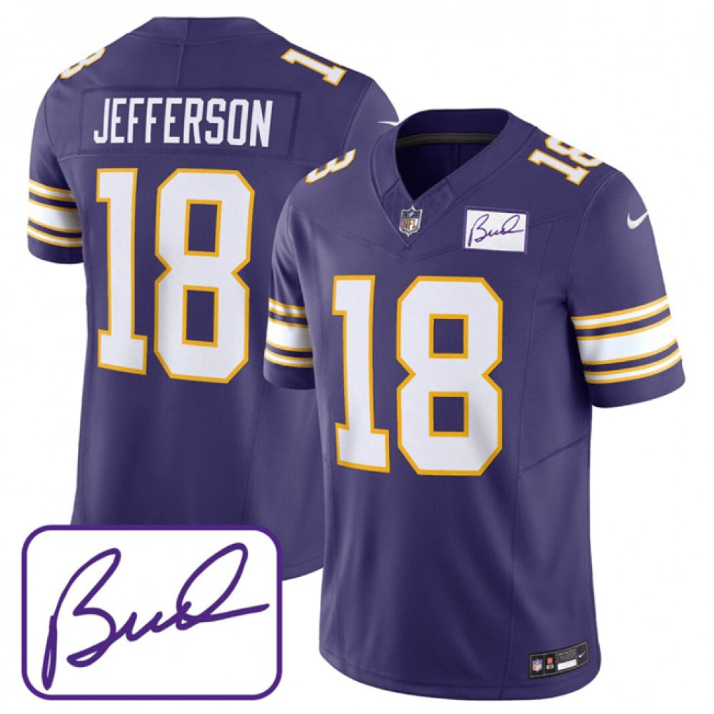 Men's Minnesota Vikings #18 Justin Jefferson Purple 2023 F.U.S.E. Bud Grant patch Limited Stitched Jersey 