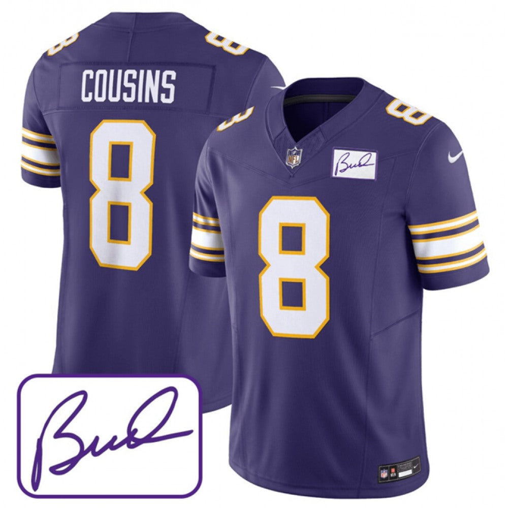Men's Minnesota Vikings #8 Kirk Cousins Purple 2023 F.U.S.E. Bud Grant patch Limited Stitched Jersey 