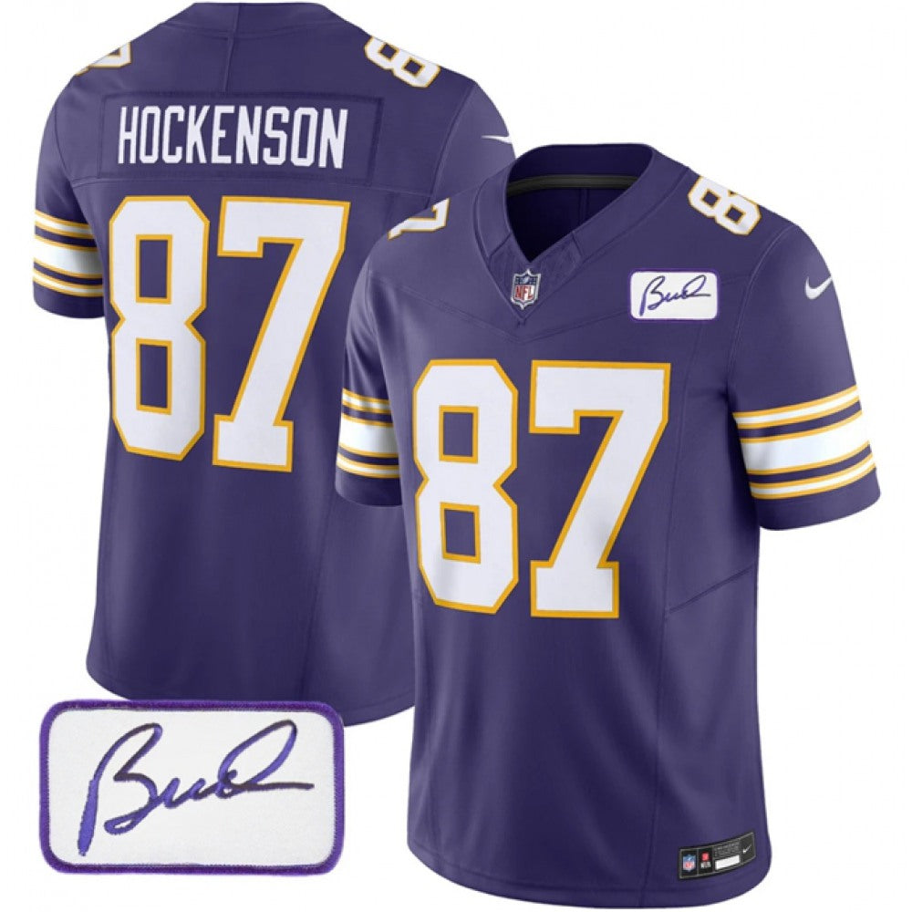 Men's Minnesota Vikings #87 T.J. Hockenson Purple 2023 F.U.S.E. Bud Grant patch Vapor Limited Stitched Jersey 