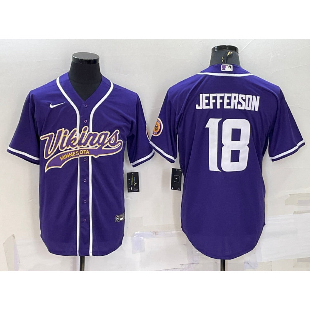 Men's Minnesota Vikings #18 Justin Jefferson Purple With Patch Cool Base Stitched Baseball Jersey 