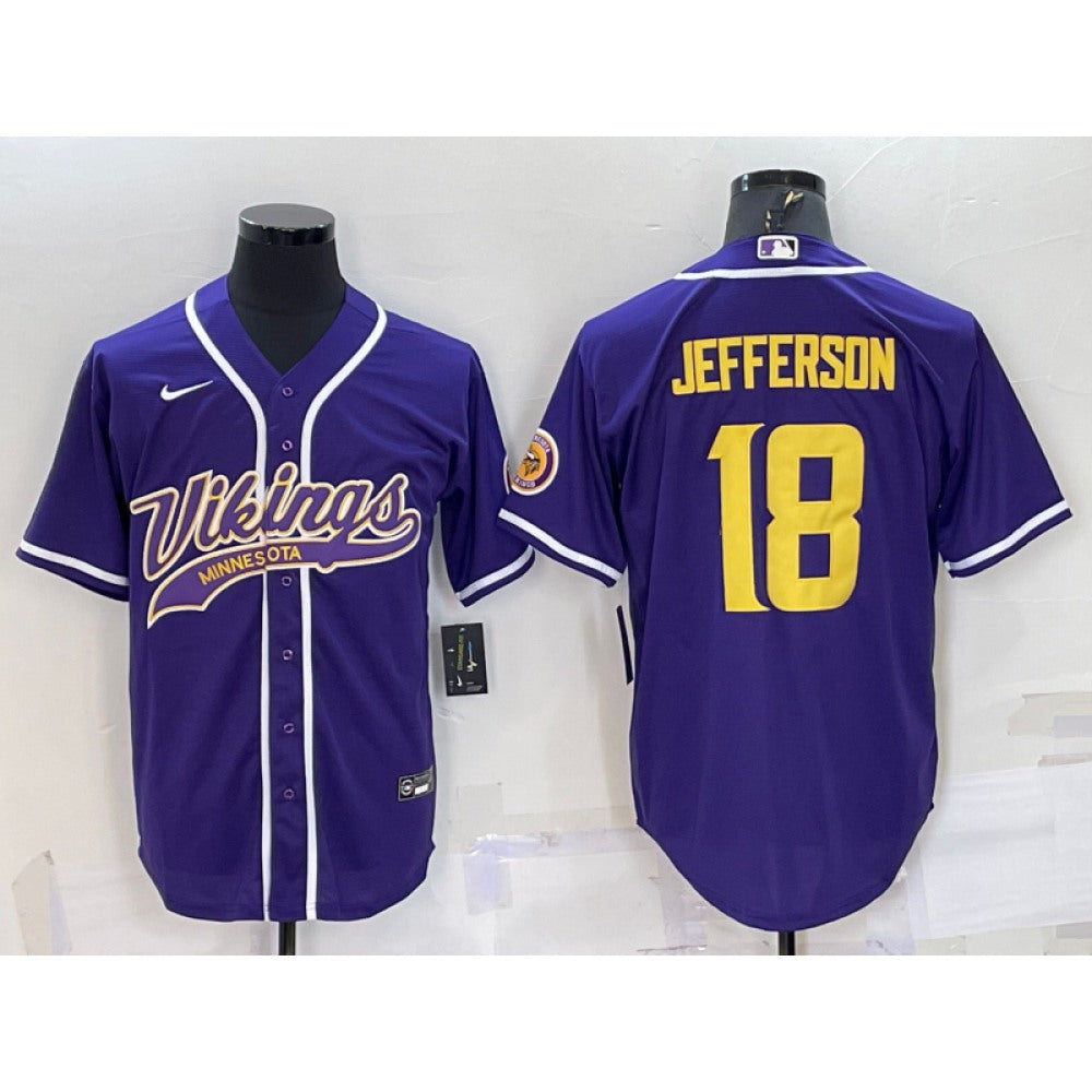 Men's Minnesota Vikings #18 Justin Jefferson Purple Gold With Patch Cool Base Stitched Baseball Jersey 