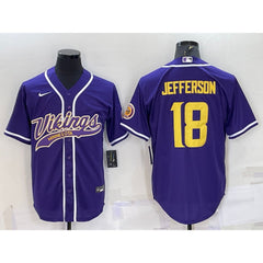 Men's Minnesota Vikings #18 Justin Jefferson Purple Gold With Patch Cool Base Stitched Baseball Jersey 