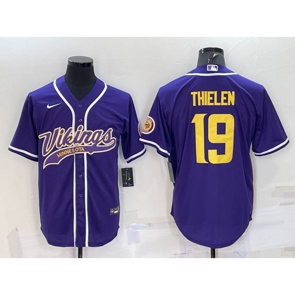 Men's Minnesota Vikings #19 Adam Thielen Purple Gold With Patch Cool Base Stitched Baseball Jersey 