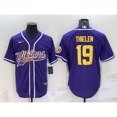 Men's Minnesota Vikings #19 Adam Thielen Purple Gold With Patch Cool Base Stitched Baseball Jersey 