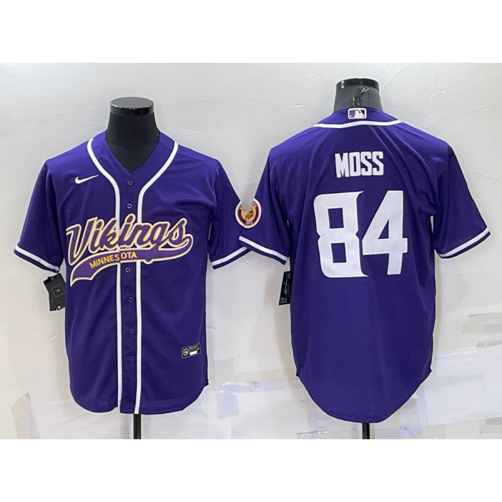 Men's Minnesota Vikings #84 Randy Moss Purple With Patch Cool Base Stitched Baseball Jersey 