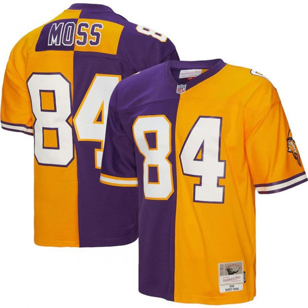 Men's Minnesota Vikings #84 Randy Moss 1998 Purple/Gold Split Mitchell & Ness Stitched Jersey 