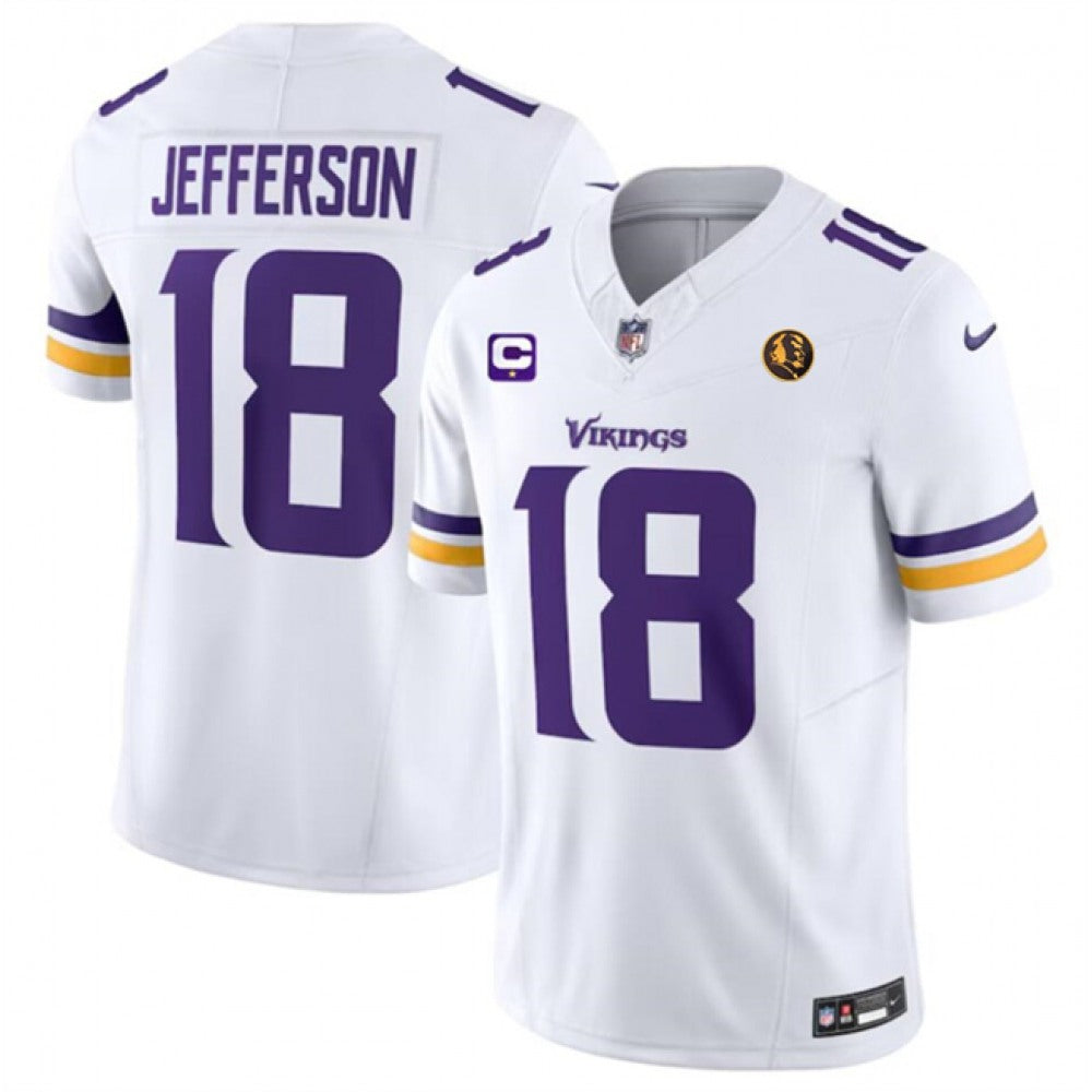 Men's Minnesota Vikings #18 Justin Jefferson White 2023 F.U.S.E. With 1-star C Patch And John Madden Patch Vapor Limited Stitched Football Jersey 