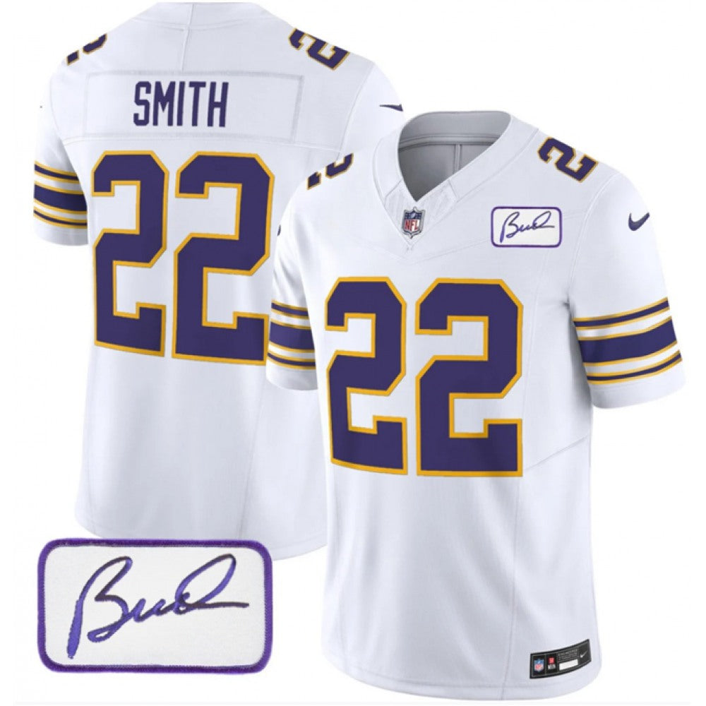 Men's Minnesota Vikings #22 Harrison Smith White 2023 F.U.S.E. Bud Grant patch Vapor Limited Stitched Jersey 