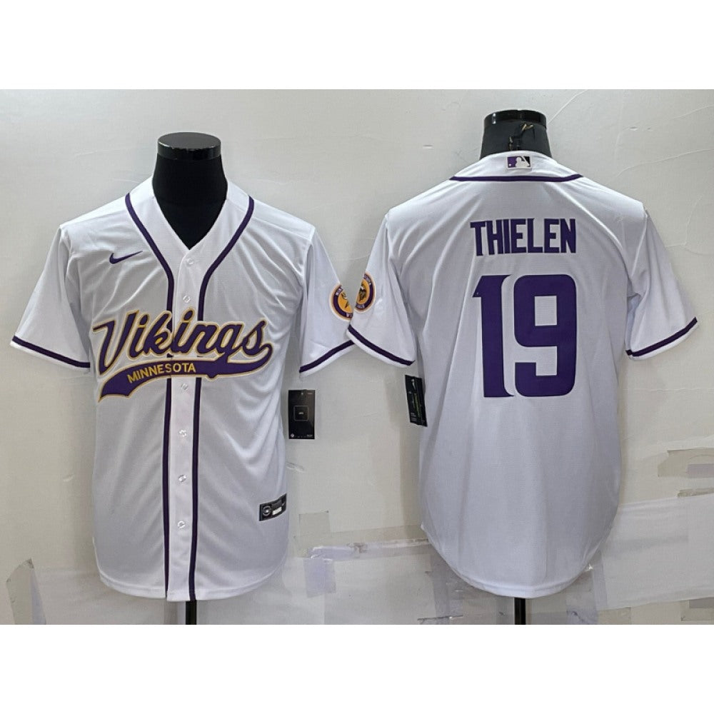Men's Minnesota Vikings #19 Adam Thielen White With Patch Cool Base Stitched Baseball Jersey 
