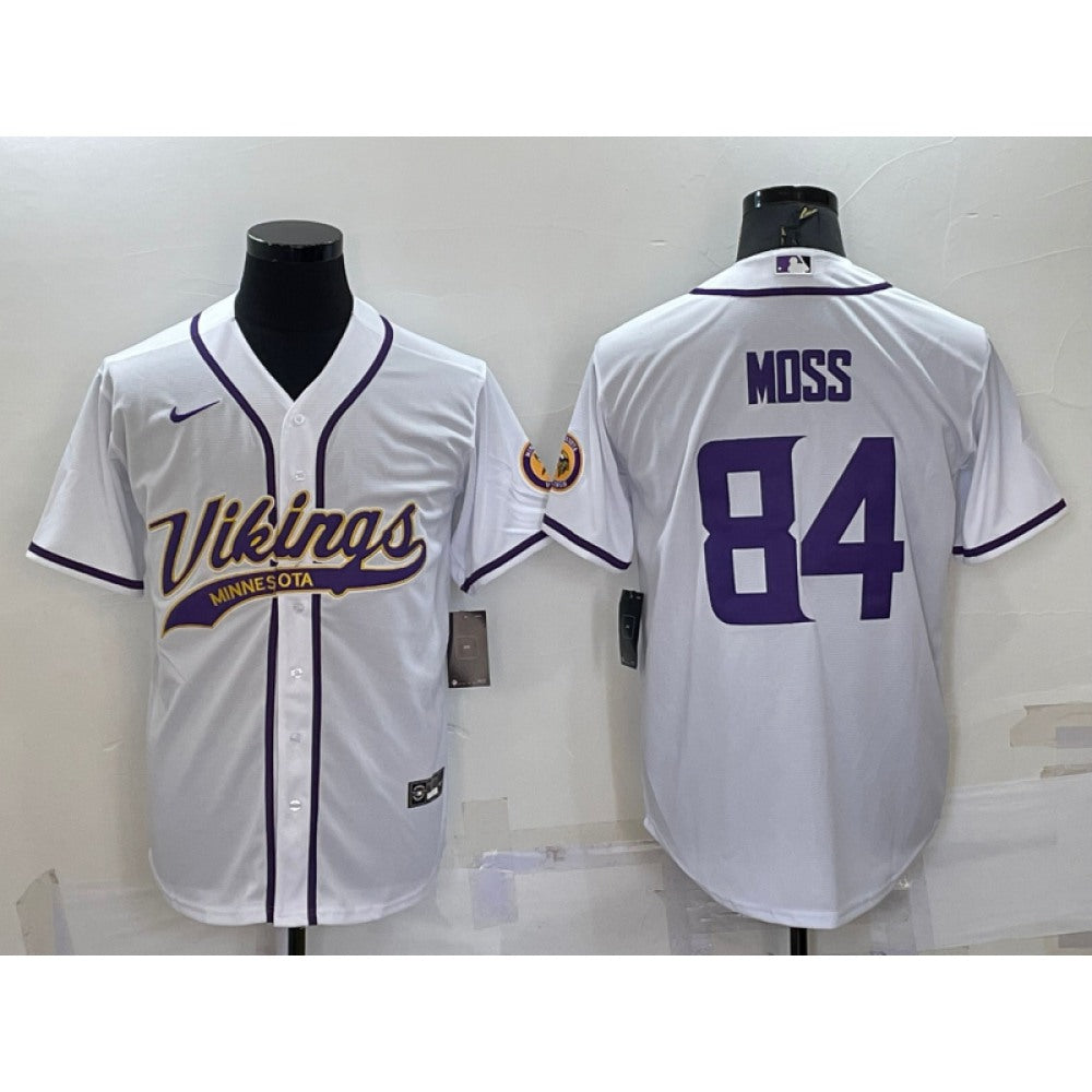 Men's Minnesota Vikings #84 Randy Moss White With Patch Cool Base Stitched Baseball Jersey 
