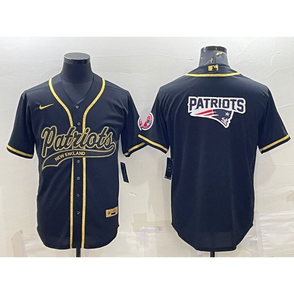 Men's New England Patriots Black Gold Team Big Logo With Patch Cool Base Stitched Baseball Jersey 