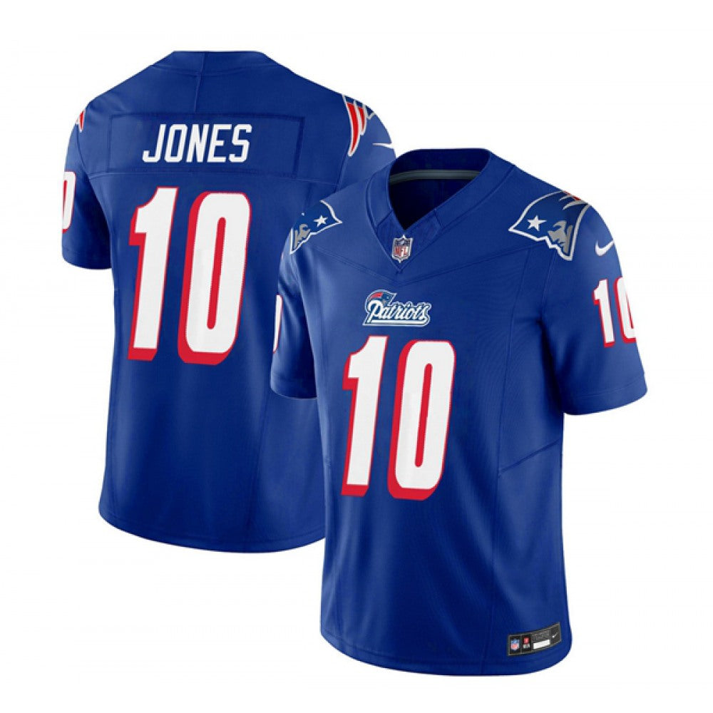 Men's New England Patriots #10 Mac Jones Blue 2023 F.U.S.E. Throwback Limited Stitched Football Jersey 