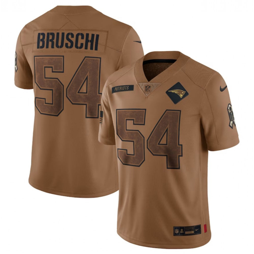 Men's New England Patriots #54 Tedy Bruschi 2023 Brown Salute To Service Limited Stitched Football Jersey 