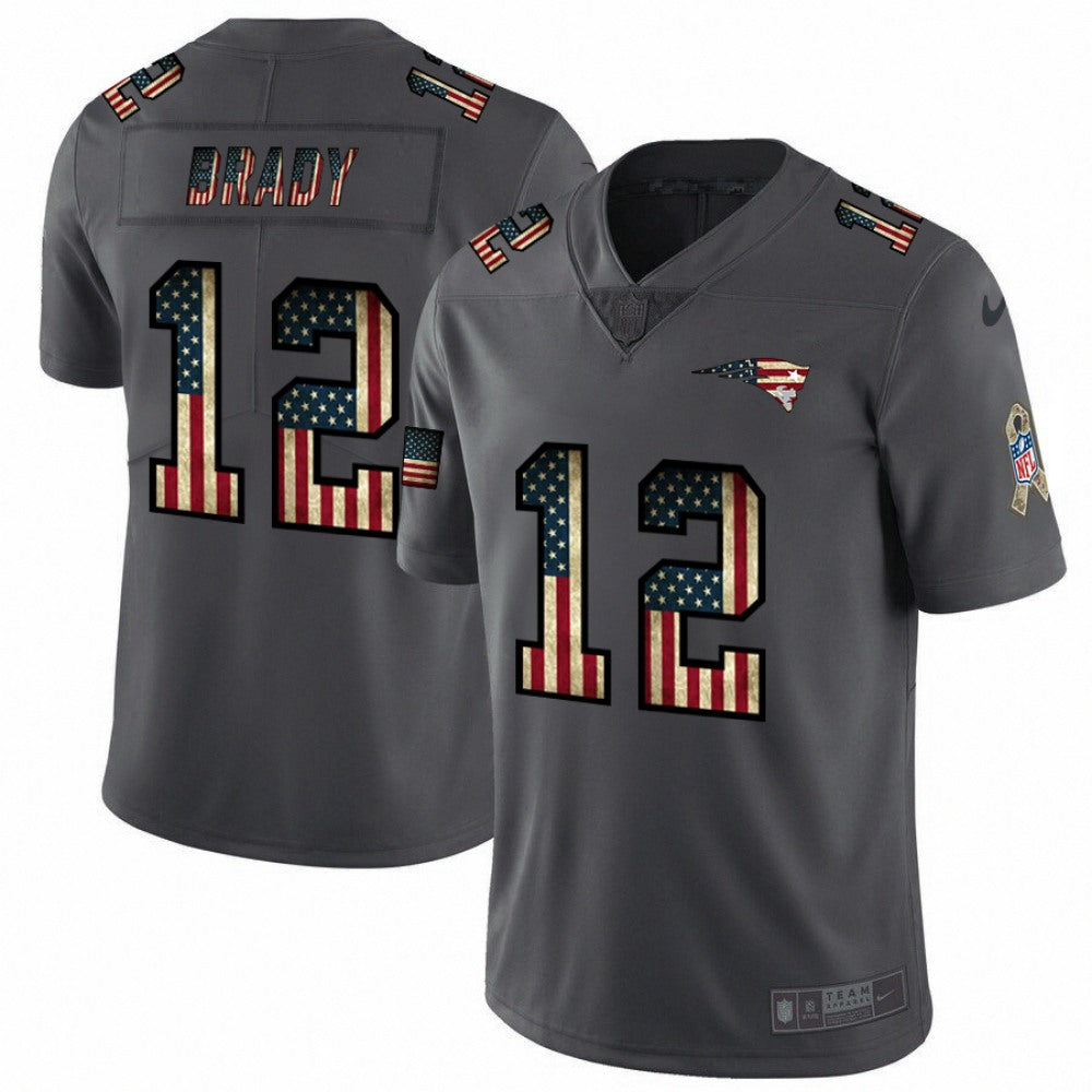 Men's New England Patriots #12 Tom Brady Grey 2019 Salute To Service USA Flag Fashion Limited Stitched NFL Jersey 