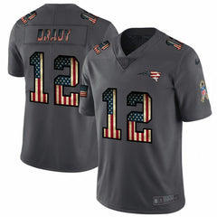 Men's New England Patriots #12 Tom Brady Grey 2019 Salute To Service USA Flag Fashion Limited Stitched NFL Jersey 
