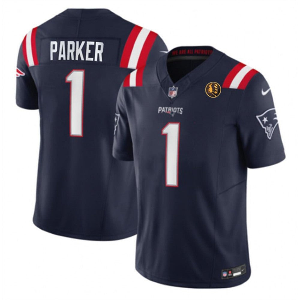 Men's New England Patriots #1 DeVante Parker Navy 2023 F.U.S.E. With John Madden Patch Vapor Limited Stitched Football Jersey 
