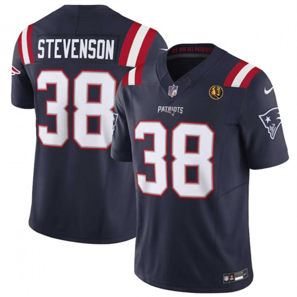Men's New England Patriots #38 Rhamondre Stevenson Navy 2023 F.U.S.E. With John Madden Patch Vapor Limited Stitched Football Jersey 