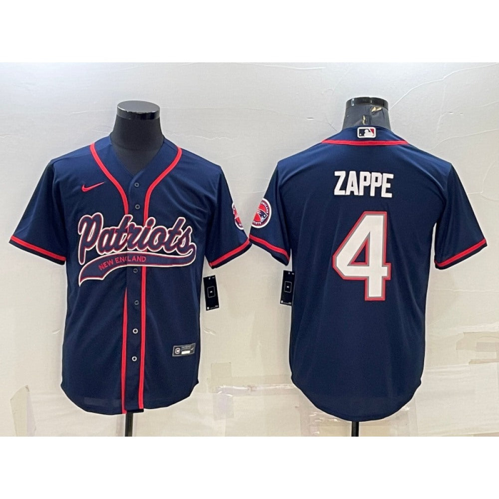 Men's New England Patriots #4 Bailey Zappe Navy With Path Cool Base Stitched Baseball Jersey 