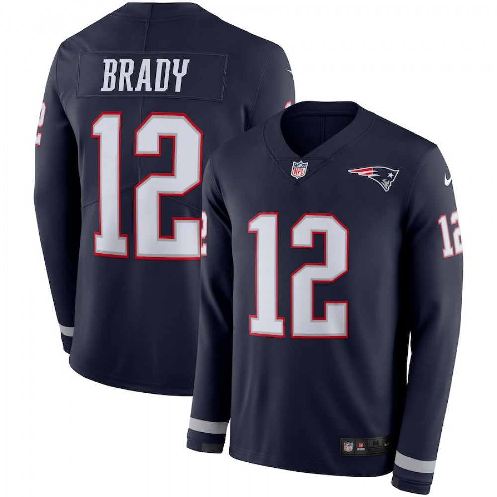 Men's New England Patriots #12 Tom Brady Navy Therma Long Sleeve Stitched NFL Jersey 