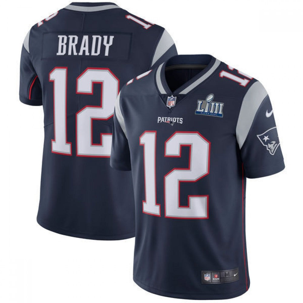 Men's New England Patriots #12 Tom Brady Navy Blue Super Bowl LIII Vapor Untouchable Limited Stitched NFL Jersey 