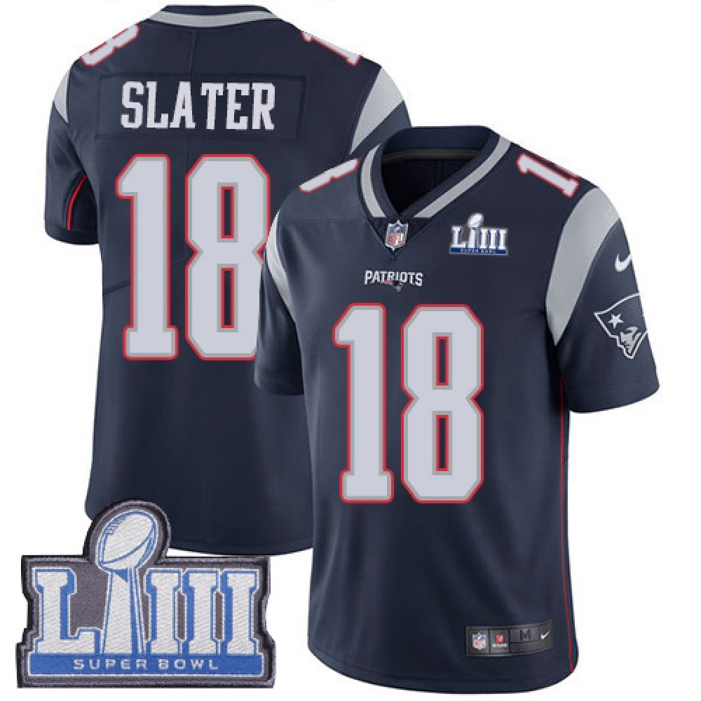 Men's New England Patriots #18 Matt Slater Navy Blue Super Bowl LIII Vapor Untouchable Limited Stitched NFL Jersey 