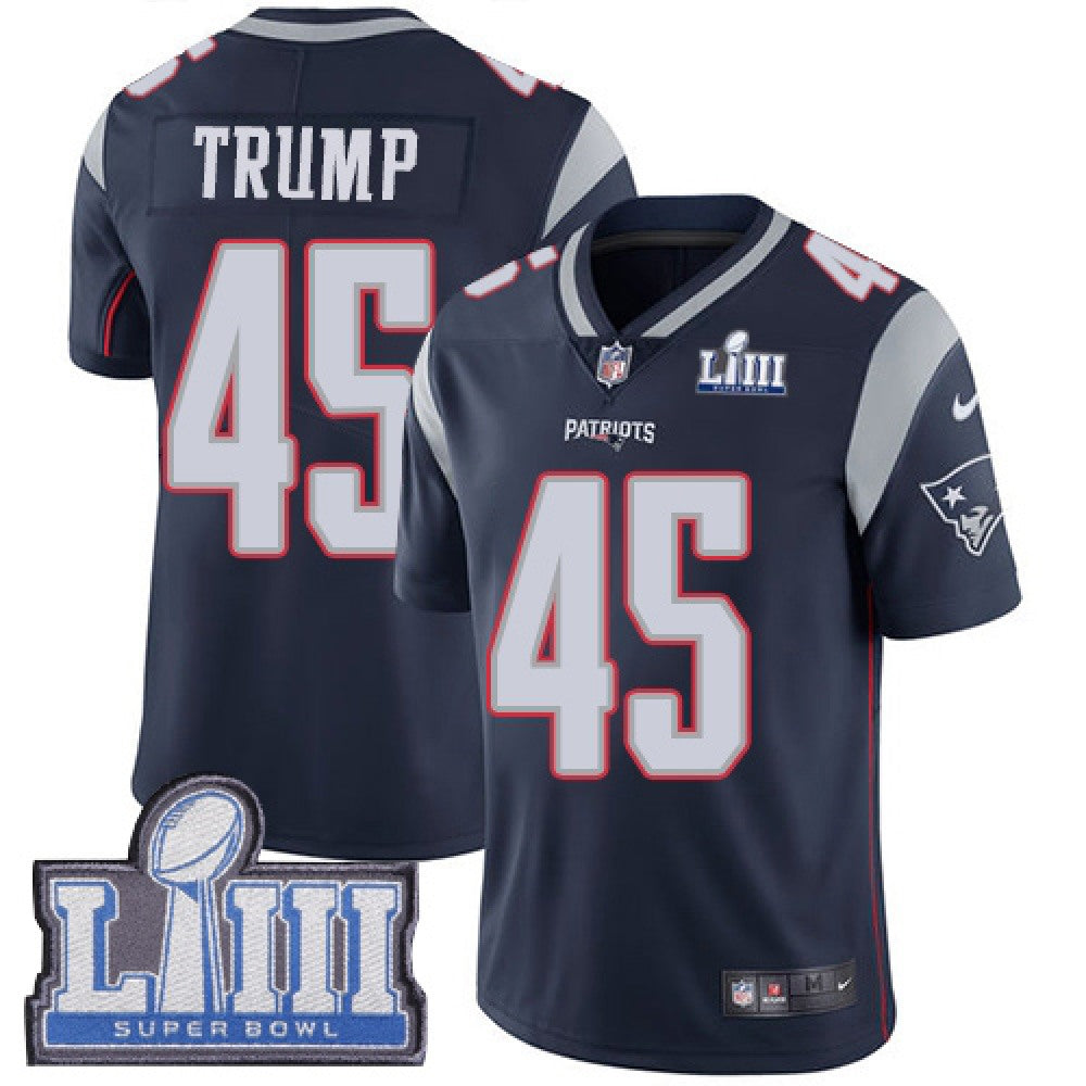 Men's New England Patriots #45 Donald Trump Navy Blue Super Bowl LIII Vapor Untouchable Limited Stitched NFL Jersey 