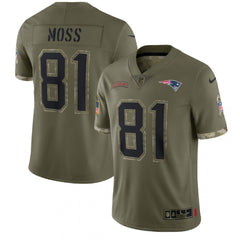 Men's New England Patriots #81 Randy Moss Olive 2022 Salute To Service Limited Stitched Jersey 