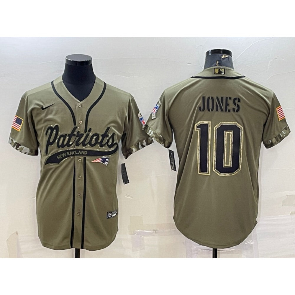 Men's New England Patriots #10 Mac Jones Olive 2022 Salute to Service Cool Base Stitched Baseball Jersey 