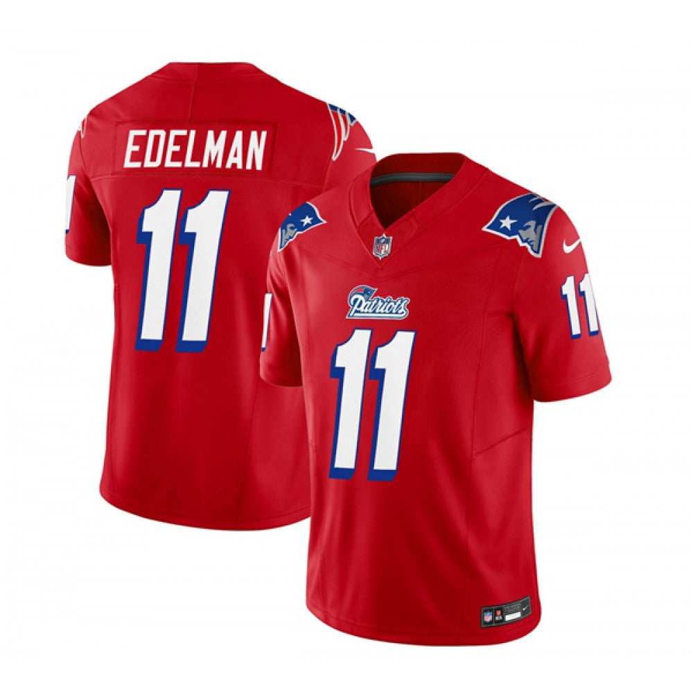 Men's New England Patriots #11 Julian Edelman Red 2023 F.U.S.E. Throwback Limited Stitched Football Jersey 
