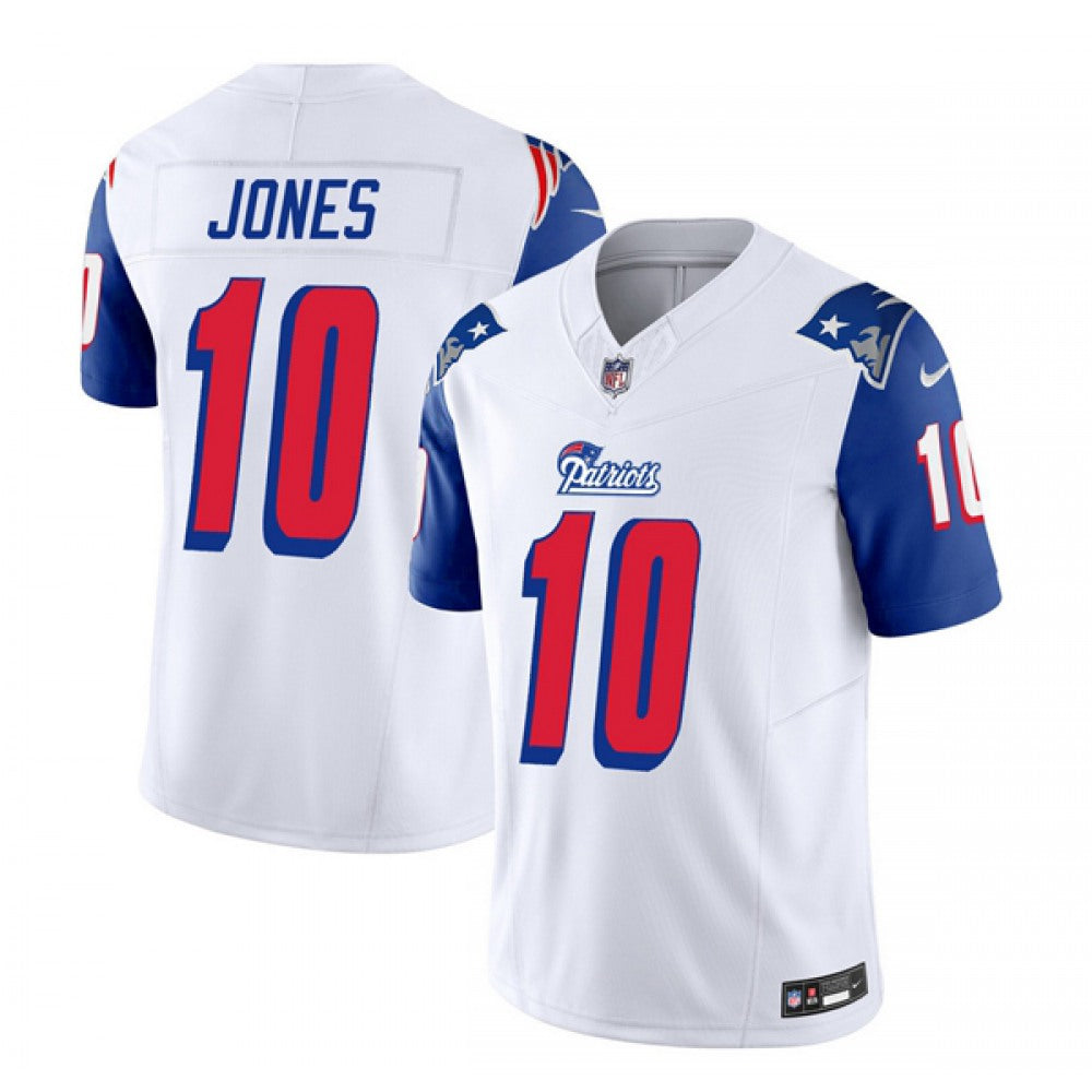 Men's New England Patriots #10 Mac Jones White/Blue 2023 F.U.S.E. Throwback Limited Stitched Football Jersey 