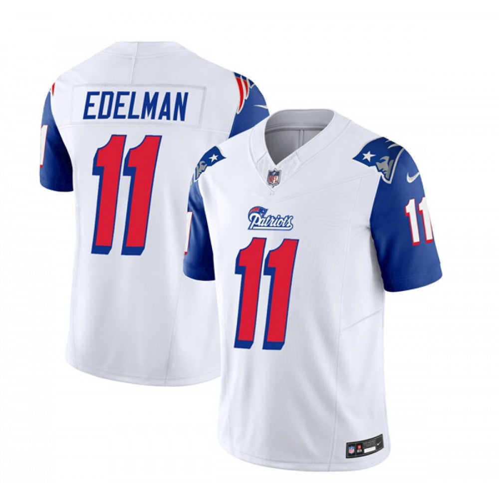 Men's New England Patriots #11 Julian Edelman White/Blue 2023 F.U.S.E. Throwback Limited Stitched Football Jersey 