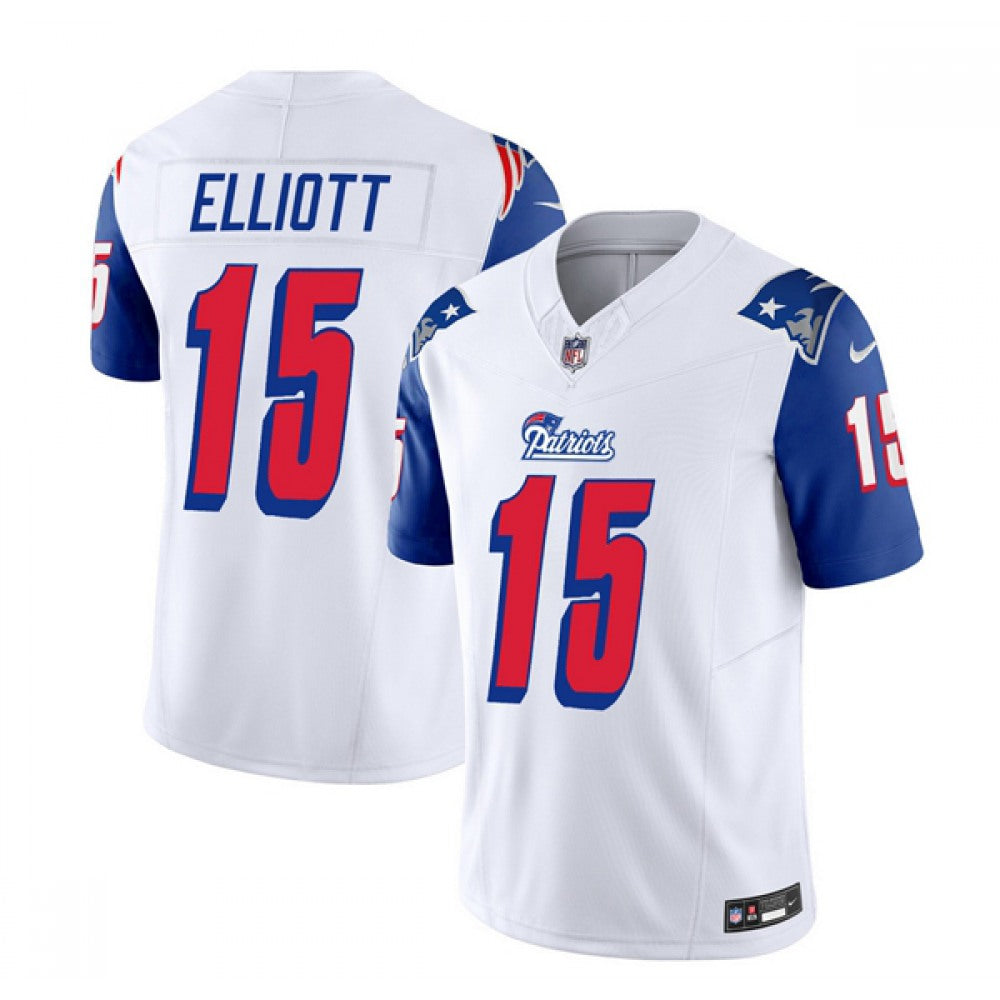 Men's New England Patriots #15 Ezekiel Elliott White/Blue 2023 F.U.S.E. Throwback Limited Stitched Football Jersey 