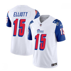 Men's New England Patriots #15 Ezekiel Elliott White/Blue 2023 F.U.S.E. Throwback Limited Stitched Football Jersey 