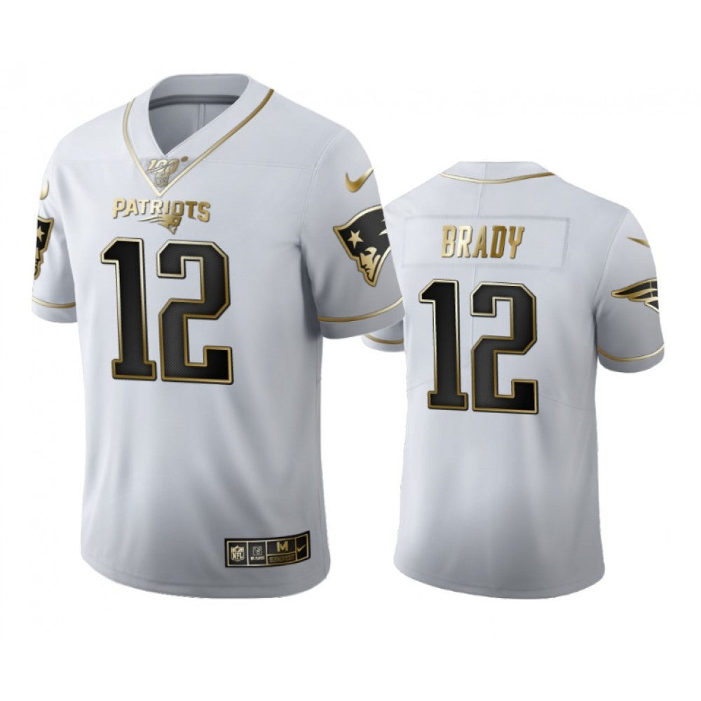 Men's New England Patriots #12 Tom Brady White 2019 100th Season Golden Edition Limited Stitched NFL Jersey 