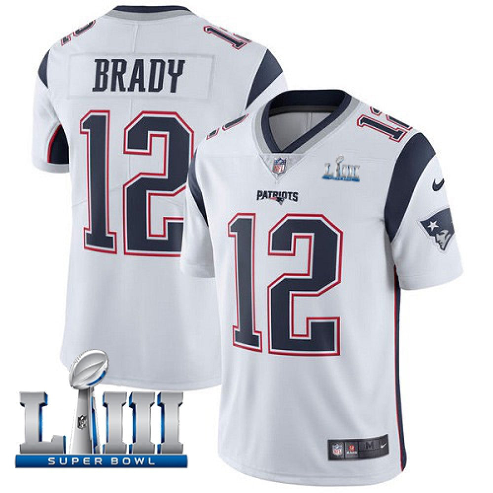 Men's New England Patriots #12 Tom Brady White Super Bowl LIII Vapor Untouchable Limited Stitched NFL Jersey 