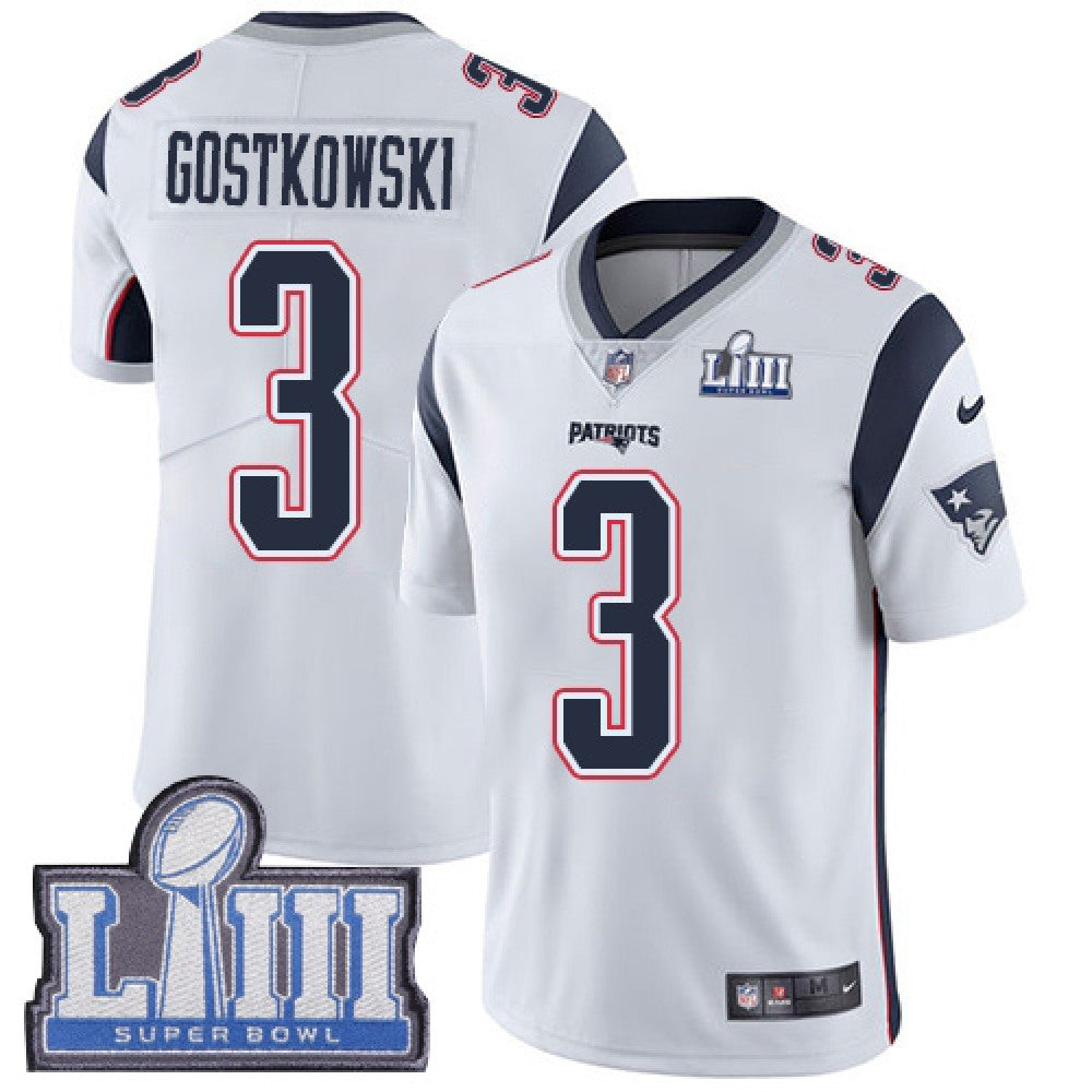 Men's New England Patriots #3 Stephen Gostkowski White Super Bowl LIII Vapor Untouchable Limited Stitched NFL Jersey 